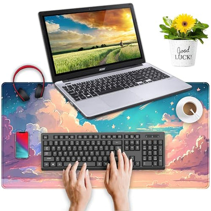 Cool Pink Desk Mat Pastel Clouds Large XXL Gaming Mouse Pad Non-Slip Rubber Base Mousepad, Office Desktop Decor Desk Pad, Computer Laptop Keyboard and Mouse Mat with Stitched Edges, 31.5x15.75 in - color: Pastel Pink Clouds