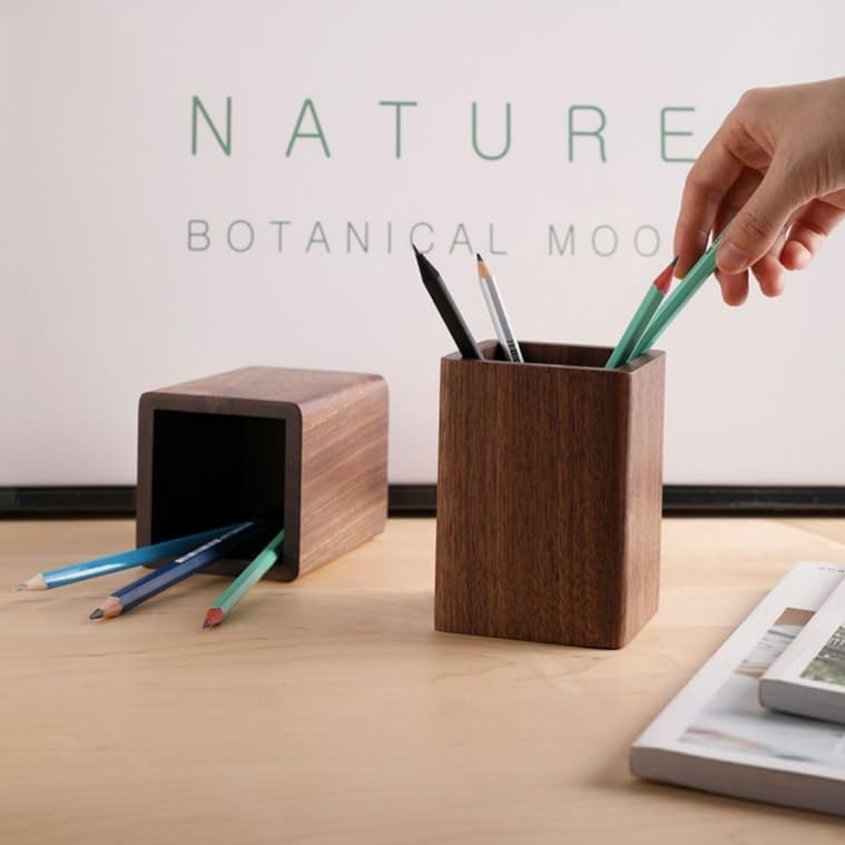 Wooden Pen Holder for Desk, Multi-Functional Pen Cup Pencil Holder for Office School Supplies Storage, Black Walnut Desk Organizer and Accessories（Square） - style: Square