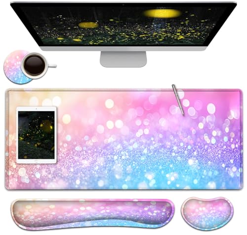 Large Mouse Pad + Keyboard Wrist Rest Set, Extended Gaming Mousepad (31.5X11.8 inch) with Non-Slip Rubber, Ergonomics Memory Foam Mouse Wrist Rest Support, Pink Purple Glitter Bokeh XXL Desk Pad - color: Yu-Mouse Pad-3-B45