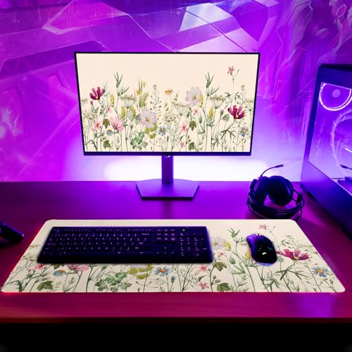 Flower Gaming Mouse Pad Large Mouse Pad for Keyboard and Mousepad Desk Mat with 3mm Non-Slip Base and Stitched Edge for Gaming and Office Computer Mat Protector Mat 27.6x11.8 Inch - color: Flower