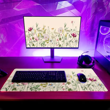 Flower Gaming Mouse Pad Large Mouse Pad for Keyboard and Mousepad Desk Mat with 3mm Non-Slip Base and Stitched Edge for Gaming and Office Computer Mat Protector Mat 27.6x11.8 Inch - color: Flower