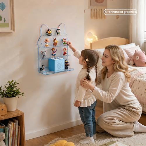 NIUBEE Tonies Shelf Non-Magnetic, Acrylic Wall Mount Floating Shelf, Tonies Storage with Anti-Fall Lip and Charging Cable Hole for Toniebox,for Kids Bedroom Playroom Decor - color: Blue
