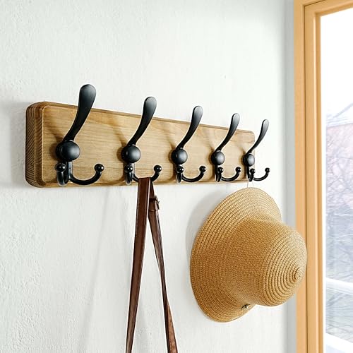 Dseap Coat Rack Wall Mount - Heavy-Duty Robust Barnwood-Style Wooden Wall Coat Hanger Hook Rail with 5 Triple Hooks for Winter Coats Hat Jacket Clothing, Weathered Brown & Black - color: Weathered Brown & Black, size: L=17.4"