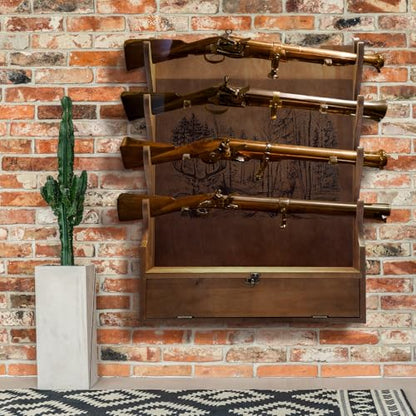 Yuntau Four Gun Wooden Gun Display Rack with Cabinet Storage Compartment and Soft Pad for Rifle Accessories Shotgun Rifle Rack for Wall Mount Home Indoor Decor - style: Deer Pattern