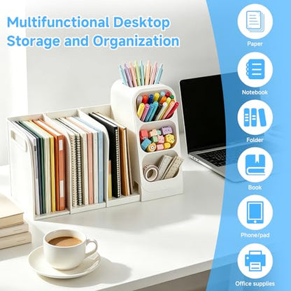 Multifunctional & Retractable Office Desk Organizer and Bookshelf, Small Space Desk Organizer with Magazine File Holder and Pen Holder,Desk Accessories & Workspace Organizers Office Supplies