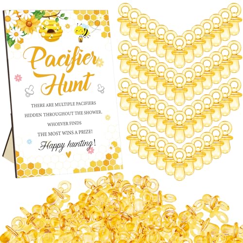 Thyle 51 Pcs Mini Pacifier Baby Shower Game Sign Sweet As Can Bee Decor Yellow Bee Theme Hunt Include Wooden Hunt Sign and 50 Acrylic Pacifier for Honey Party Baby Shower Game Gender Reveal Decor - color: Yellow, style: Bee