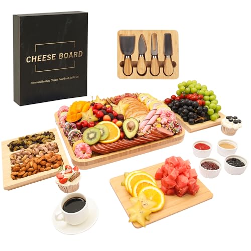 Charcuterie Board Set - Bamboo Cheese Board & Serving Tray with Stainless Steel Knives and Bowls, Housewarming Gifts New Home, Gift for Wedding Couple, Bridal Shower (NLB, 02) - size: 02