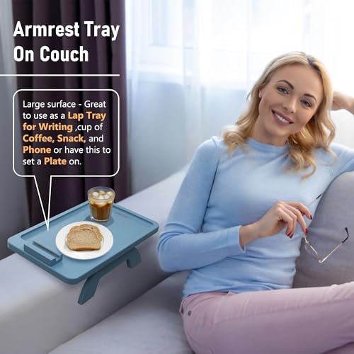 SINWANT Couch Arm Tray, Bamboo Sofa Clip on Tray Tables with 360° Phone Holder,Folding Anti Slip Couch Armrest Table for Snacks,Drinks,Remotes 15.35"x9.85" - color: Blue