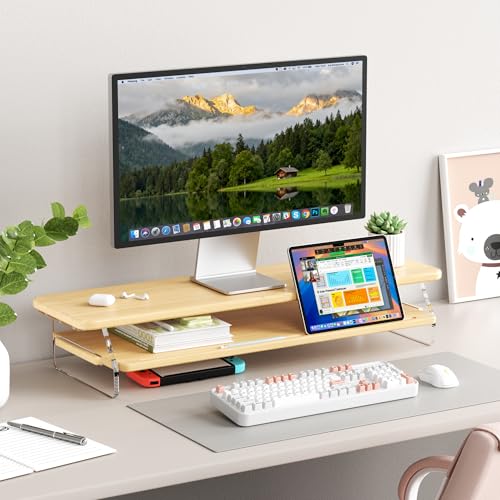 AFOOYO Bamboo Dual Monitor Stand Riser,31.5In 2 Tier Desk Organizer, Adjustable Arylic Feet Computer Monitor Stand, Desk Shelf for Office - color: Bamboo, size: 2 Tier