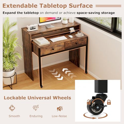 Tangkula Extendable Computer Desk with 2 Storage Drawers, Convertible Home Office Desk with Monitor Shelf, Metal Frame & Lockable Wheels, Rolling Study Writing Desk (Brown) - color: Brown