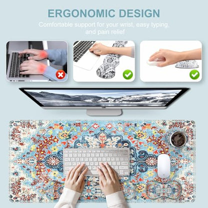 iLeadon Mouse Pad Set, Desk Mat + Mouse Pad with Wrist Rest + Keyboard Wrist Rest + Coaster, 4in1 Large Gaming Mouse Pad Set for Home Office, Retro Boho Floral Blue - color: Retro Boho Floral Blue