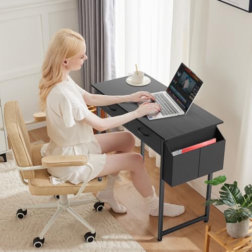 DUMOS 32" Home Office Computer Desk with Drawers, Small Gaming Writing Study Table with Storage Side Bag, Headphone Hook and Adjustable Feet for Bedroom Black - color: Black, size: 32-In