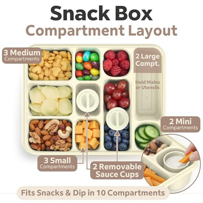 Snackle Box Container for Adults with 10 Compartment, Divided Serving Tray with Lid and Handle and 2 Sauce Containers, Portable Snack Box Container for Charcuterie Party Travel, White - color: White