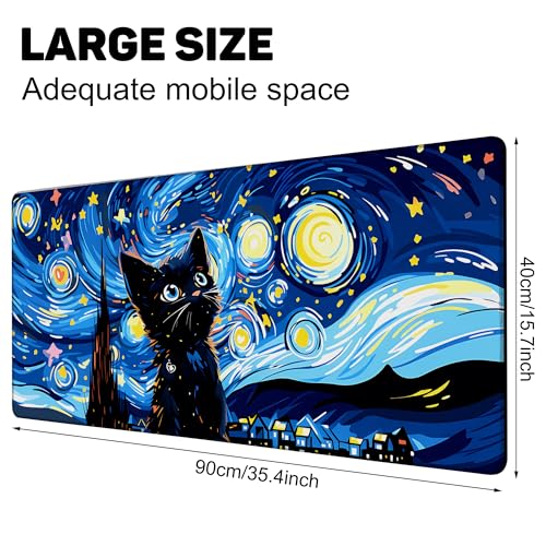Starry Night Cat Gaming Mouse Pad Large Desk Mat Extended Keyboard Anime Mousepad with Non-Slip Base and Stitched Edge for Desk Home Office Gaming,35.4 x 15.7 Inch - color: Starry Night Cat, size: 15.7*35.4inch