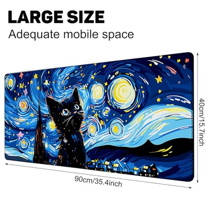 Starry Night Cat Gaming Mouse Pad Large Desk Mat Extended Keyboard Anime Mousepad with Non-Slip Base and Stitched Edge for Desk Home Office Gaming,35.4 x 15.7 Inch - color: Starry Night Cat, size: 15.7*35.4inch