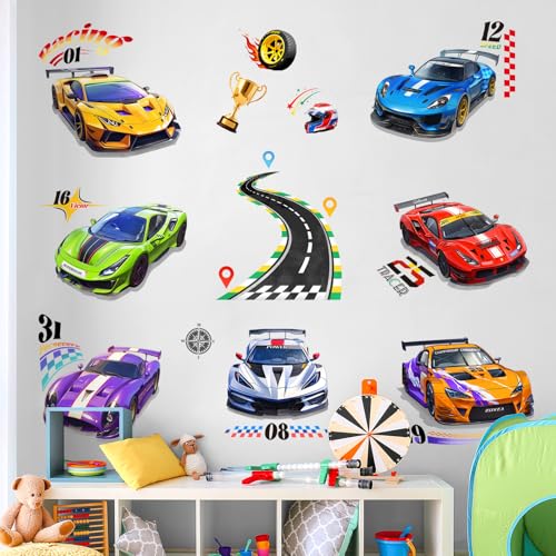 Tanlaby Racing Car Wall Decals Roads Vehicles Wall Stickers Vinyl Peel and Stick Art Decor for Boys Bedroom Kids Room Toddles Playroom