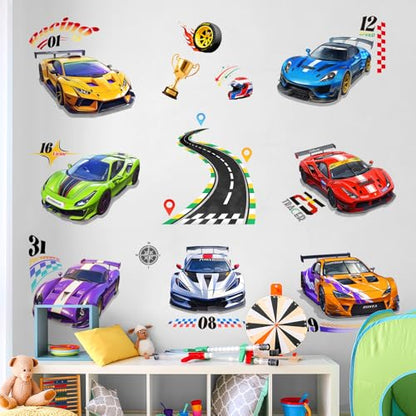 Tanlaby Racing Car Wall Decals Roads Vehicles Wall Stickers Vinyl Peel and Stick Art Decor for Boys Bedroom Kids Room Toddles Playroom