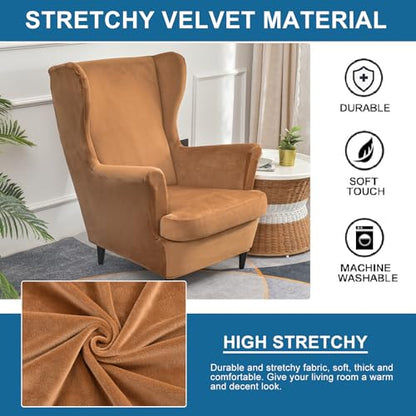 KRFOONN Wingback Chair Cover Slipcovers 2 Piece Stretch Velvet Plush Wing Chair Covers Slipcovers Wingback Sofa Covers Armchair Covers Furniture Protector for Living Room, T14 - color: Color T14