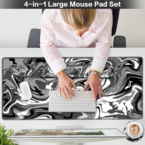 Desk Mat Black, Large Gaming Mouse Pad with Wrist Rest, 4in1 XXL Mousepad+Keyboard Wrist Rest+Mouse Pad Wrist Support+Cup Coaster Set Ergonomic Computer Desk Arm Wrist for Decor Home Office Women - color: Black Gray Fluid