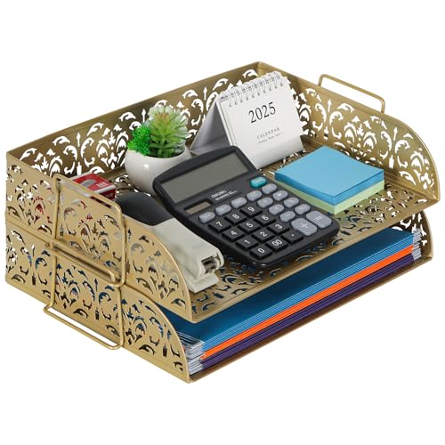 EasyPAG Paper Organizer for Desk 2 Tier Stackable Paper Tray for A4 Legal Size Folders Metal File Storage Desktop Organizer for Home Office School Teacher, Gold - color: Gold
