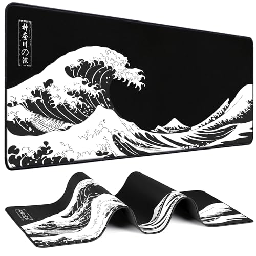 Mouse Pad Gaming - Desk Mat for Keyboard and Mouse - Kanagawa Large Mouse Pad for Desk, Japanese Sea Wave Mousepad (31.5 x 11.8inch) with Non-Slip Base, Desks Pad Mat for Game, Office and Home - color: Black Wave, size: 31.5L x 11.8W inches