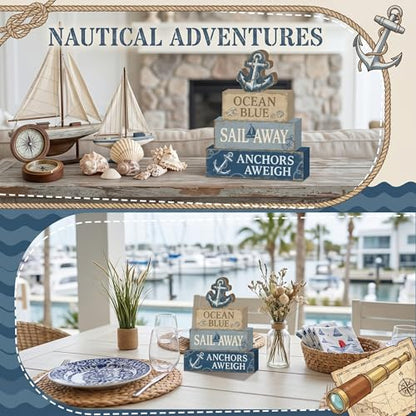 4 Pcs Nautical Anchor Bathroom Decor Summer Coastal Farmhouse Table Wooden Signs Sailing Tiered Tray Decor Ocean Table Decor Navy Blue Shelf Sitter Tabletop Home Decorations Gifts - style: Anchor