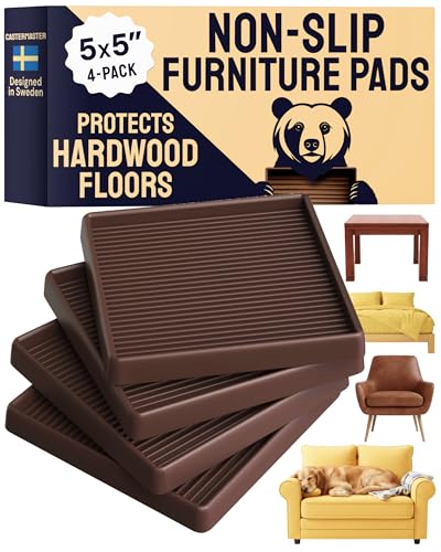CasterMaster Square Rubber Pads - 5x5 in Brown, 4 Pack | Non-slip caster cups - anti-skid - Use for couches, beds & chairs on hardwood, tile & vinyl - color: Brown, size: 5'' x 5'' (Pack of 4)