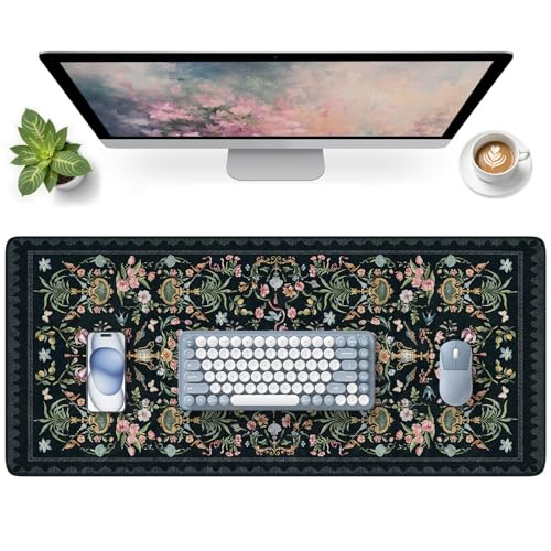 HAOCOO Elegant Floral Desk Mat, Vintage Aesthetic Mouse Pad Black, Flower Plant Extended Desk Cover Mat, 35.4" x 15.7" Non-Slip Computer Pad, Waterproof Desktop Protector for Office, Home, School - color: Black, size: 35.4" x 15.7"