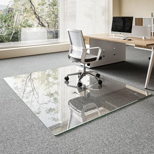 Koonmi Chair Mat for Carpet, Tempered Glass 51"x63" Office Chair Mat, Glass Floor Mat Protector with Rounded and Polished Edges, 4 Non‑Slip Pads, Smooth Rolling for Carpet Hardwood Floor Protection - color: Transparent, size: 51"x63"