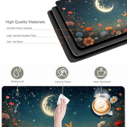 Vimorco Waterproof Desk Pad,XXL Large Mouse Extended Gaming Mousepad with Anti-Slip Rubber Base,Computer Laptop Keyboard Mouse Mat for Women Girls Work,Game,Office,31.5 x 15.7 inch,Black Moon Flowers - color: Black Moon Flowers