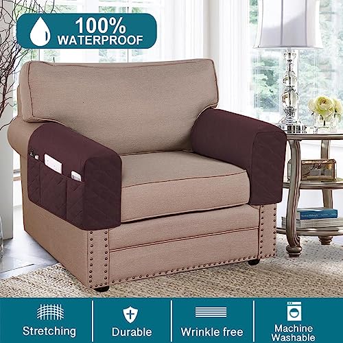Turquoize 2 Pack Waterproof Armrest Covers for Chairs and Sofas Couch Arm Covers for Sofa Armrest Covers with Side Pocket Anti-Slip Furniture Protector Washable Armrest Slipcovers Set of 2, Brown - color: Single Diamond- Brown
