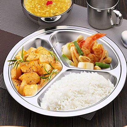 Stainless Steel Dinner Plates 2 Packs 8 Inch Portion Control Divided Plates for Adults Bariatric Weight Loss Diabetic Diet Reusable Camping Serving Round Dinner Plate 3 Compartment - size: 7.87 Inch (3 Sections)