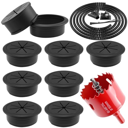 8Pcs Desk Grommet & 16Ft Cable Sleeve & 1Pcs Hole Saw, 50mm (2 Inch) Desk Cord Hole Cover Organizer Management Caps with Wire Management & Tie & Holder for Office, Home Table Cable