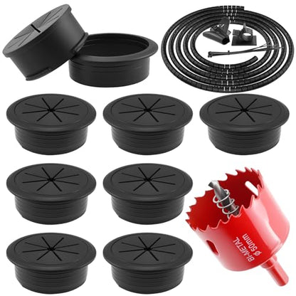 8Pcs Desk Grommet & 16Ft Cable Sleeve & 1Pcs Hole Saw, 50mm (2 Inch) Desk Cord Hole Cover Organizer Management Caps with Wire Management & Tie & Holder for Office, Home Table Cable