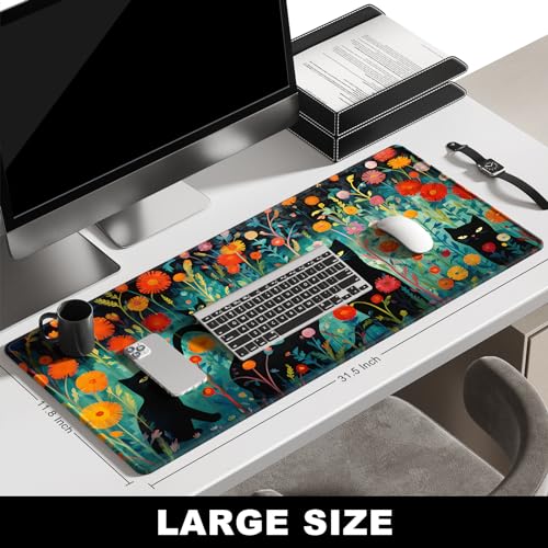 BOSOBO Large Desk Mat, XXL Gaming Mouse Mat, Full Cover Desktop 31.5 x 11.8 Inches, Black Cat GreenFolwers - color: Black Cat and Folwers, size: XL - 31.5 x 11.8 Inches