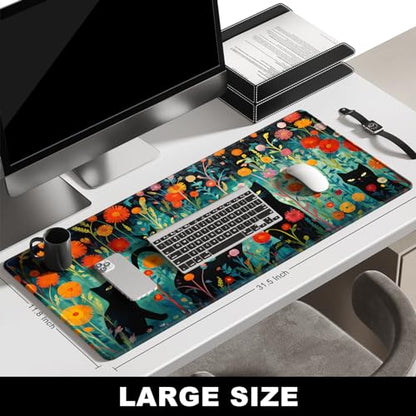 BOSOBO Large Desk Mat, XXL Gaming Mouse Mat, Full Cover Desktop 31.5 x 11.8 Inches, Black Cat GreenFolwers - color: Black Cat and Folwers, size: XL - 31.5 x 11.8 Inches