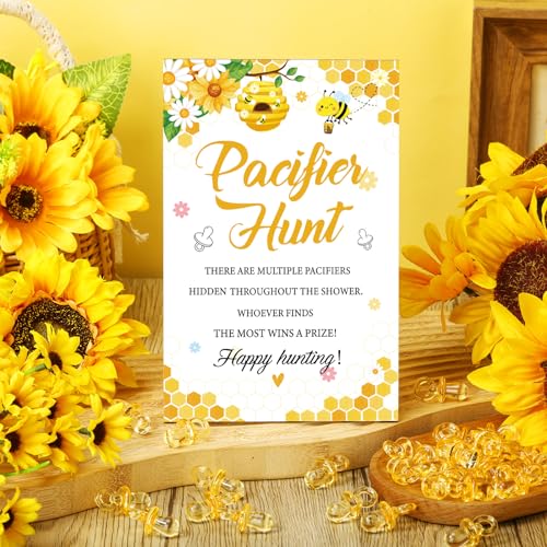 Thyle 51 Pcs Mini Pacifier Baby Shower Game Sign Sweet As Can Bee Decor Yellow Bee Theme Hunt Include Wooden Hunt Sign and 50 Acrylic Pacifier for Honey Party Baby Shower Game Gender Reveal Decor - color: Yellow, style: Bee