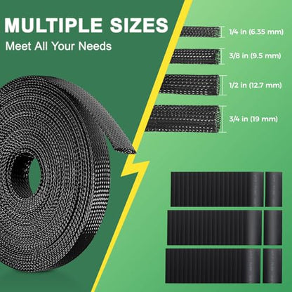 132 ft Expandable Braided Cable Sleeve Wire Loom PET Wiring Sleeving, Mesh Automotive Split Sheathing Wrap Management Heat Shrink for Audio and Other Home Device (1/2 in, 1/4 in, 3/8 in,3/4 in,Black) - color: Black