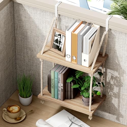 2 Tier Cubicle Shelf for Walls, 11.8" Wooden Hanging Wall Shelf with Hooks & Cotton Rope, Boho Style Office Cubicle Accessories for Work, Desk Wall Storage Organizer for Office Decor