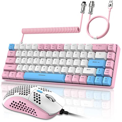 ZIYOU LANG RK-T8PR0 Wired 65% Mechanical Gaming Keyboard and Mouse Combo with RGB LED Backlit Anti-ghosting TKL Mini 68 Key Coiled C to A Cable Tactile Blue Switch for PS4 PS5 Xbox PC Mac Gamer(Pink) - color: Pink White Blue, size: 65% Keyboard + Mouse
