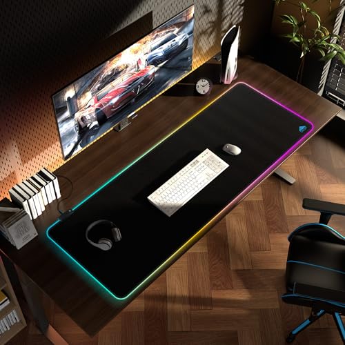 Cacoy 55" x 20" RGB Gaming Mouse Pad XXL, Large LED Lighting Desk Mat, 9-Light Mode Keyboard Pad with Non-Slip Rubber Base and Smooth Surface, Extended Computer Mousepad for Game, Office & Home, Black - color: Rgb, size: 55" x 20"