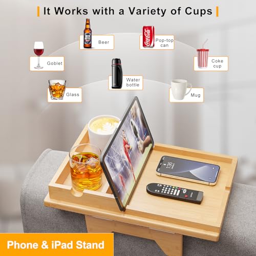 Bestjing Bamboo Couch Cup Holder Tray - 2 in 1 Couch Armrest Table with Be Slide-Away Detachable Double Holder - Sofa Armchair Caddy for Drinking Snacks iPad TV Remote - color: Bamboo, size: 13.8" x 9.5" x 2.4"