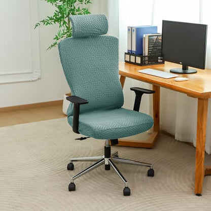 Ergonomic Office Chair Cover with Headrest Covers Green Jacquard Stretch Desk Chair and Headrest Slipcovers Washable - color: Jacqaurd L-green, size: Chair and Headrest Covers
