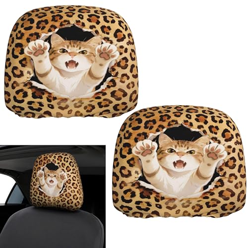 Funny Cat Car Headrest Covers 2 Pack Universal Size Cheetah Print Head Rest Cover Auto Accessories - color: Leopard Gold