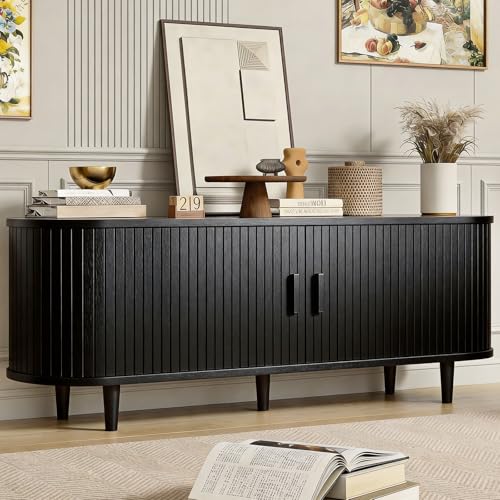 MXV 58" Mid-Century Modern TV Stand with Sliding Doors, TV Consoles with Power Outlet, Fluted Entertainment Center with Adjustable Shelves, for Living Room - color: Black, size: 58in