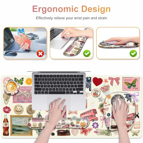 Beige Mouse Pad with Wrist Support 4 in1 Set, XXL Big Game Mousepad + Keyboard Wrist Rest + Mouse Wrist Rest Pad +Coaster Gaming Mat for Home Office Work Computer I Cute Design Stickers - color: Cute Design Stickers