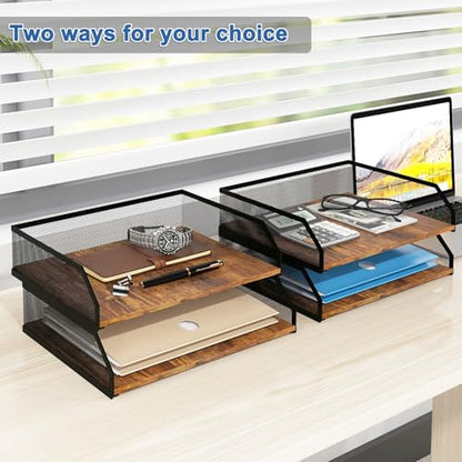 Natwind 2-Tier Stackable Metal Mesh Paper Tray Organizer,Retro | Wooden Desk Organizer, Letter Tray For Desktop,File Holder For Home Office School Classroom Organization - size: 12.6" x 9.8" x 5.9"