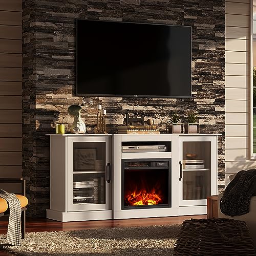 WLIVE Fireplace TV Stand for 65" TV, Entertainment Center with 3D Realistic Flame Electric Fireplace, TV Console with Open Shelves for Living Room, White - color: White, size: 58'' Fireplace TV Stand