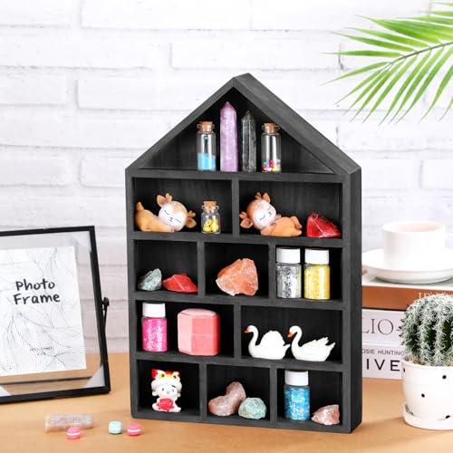 Threehoney House Shaped Wooden Shadow Cubby Box Hanging Display Shelf Organizer Wall Mounted Curio Cabinet Wooden Display Case Miniature Shelf for Figures(Black,10 x 15 x 2.24 Inch) - color: Black