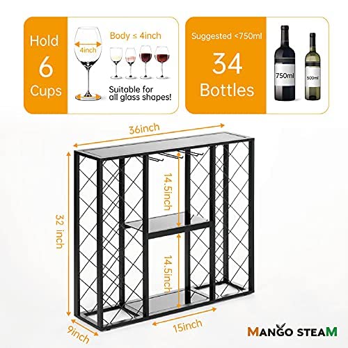 Mango Steam Wine Rack Console with Glass Table Top (34 Bottle, Black) - color: Black, size: 34 Bottle